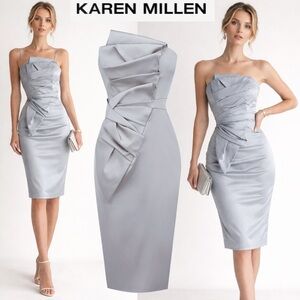 Karen Millen Silver Pleated Satin Sheath Mini Evening Dress Bodycon Strapless 4